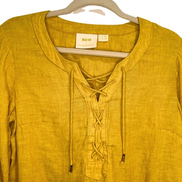 Maeve by Anthropologie Marva Lace Up 100% Linen Top Mustard Yellow US 6 - Picture 2 of 8